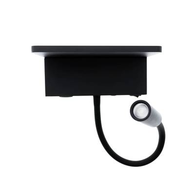 Liseuse LED noire flexible avec support cylindrique sur base rectangulaire, parfaite pour un éclairage ciblé et une décoration d'intérieur moderne et élégante.