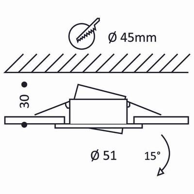 Schéma de la section transversale d'un luminaire LED encastré, dimensions et angle d'inclinaison de 15 degrés pour optimiser l'éclairage.