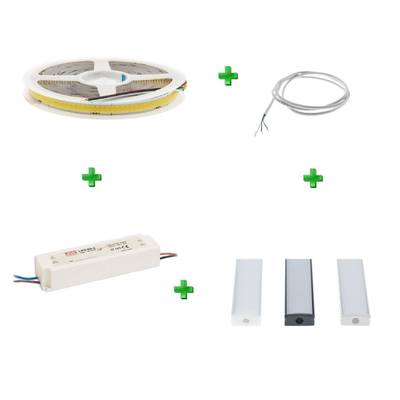 Bande LED, cordon de raccordement, bloc d'alimentation et 3 diffuseurs en aluminium avec des signes plus verts. Boutique d'éclairage LED.