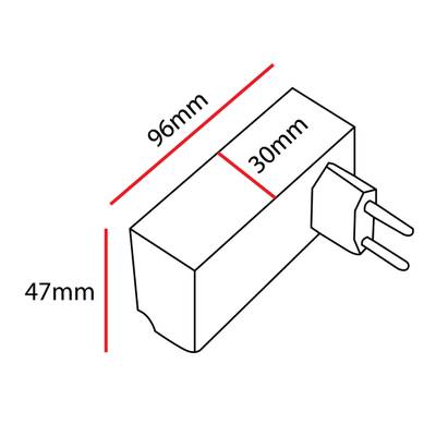 Alimentation pour éclairage LED, adaptateur rectangulaire 96x30x47 mm, avec fiche pour l'installation de la lampe.