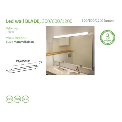 Salle de bain avec grand miroir, applique murale LED au plafond, lavabo avec robinetterie chromée ; détails du produit présentés à gauche. Un éclairage LED parfait pour votre espace.