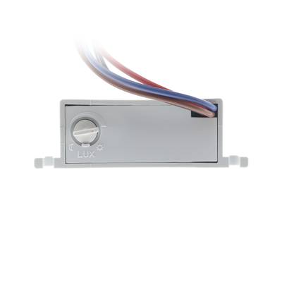 Gros plan d'un luminaire LUX gris avec des fils multicolores utilisés pour contrôler l'éclairage LED, sur fond blanc.