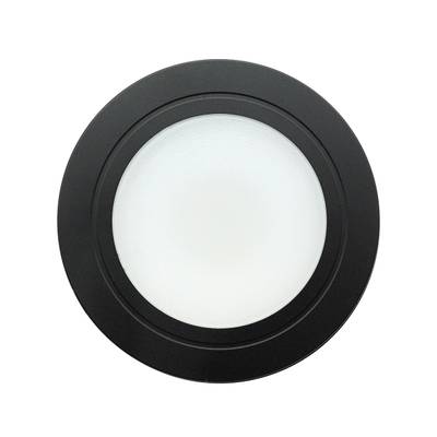 Plafonnier LED noir rond avec diffuseur givré, vu d'en bas - une solution d'éclairage moderne pour des intérieurs élégants.