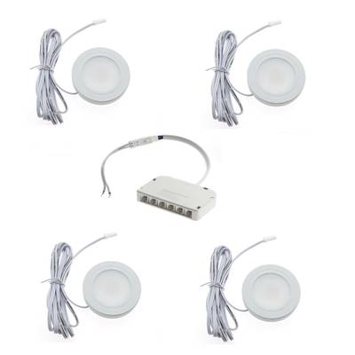 Un ensemble de quatre disques lumineux circulaires à LED avec des câbles connectés à un centre de distribution d'énergie blanc pour des solutions d'éclairage efficaces.