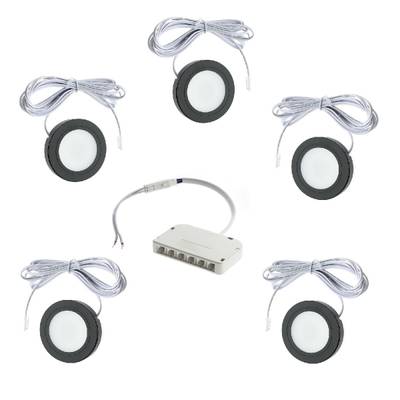 Six disques LED ronds avec fils disposés en cercle autour d'un boîtier de commande blanc pour des solutions d'éclairage modernes et efficaces.