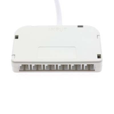 Contrôleur électronique LED blanc avec ports de connexion marqués "INPUT" sur le dessus. Le câble de connexion est indiqué pour faciliter l'installation et l'utilisation.
