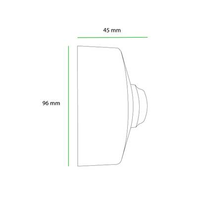 Vue latérale d'une lampe LED en forme de dôme avec des dimensions : hauteur 96 mm et largeur 45 mm, idéale pour les solutions d'éclairage compactes dans les magasins et à la maison.