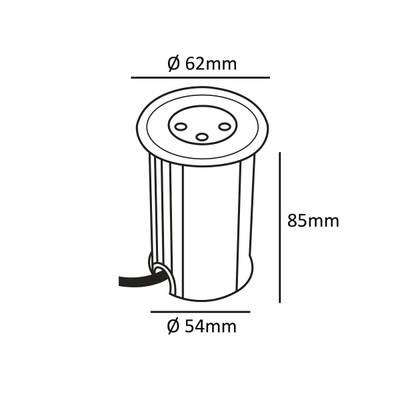Schéma d'un luminaire LED cylindrique aux dimensions suivantes : hauteur 85 mm, diamètre supérieur 62 mm, diamètre inférieur 54 mm et câble attaché.