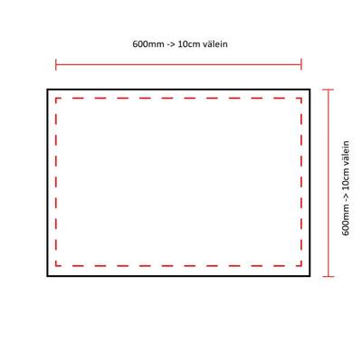 Diagramme rectangulaire montrant les intervalles de mesure de 600 mm à 10 cm en largeur et en hauteur avec des lignes pointillées pour les dimensions de l'éclairage LED.