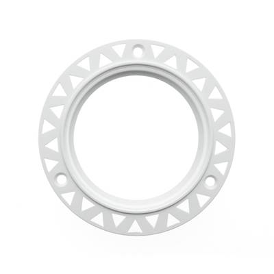 Plaque décorative ronde en métal blanc avec des découpes triangulaires et trois trous de fixation pour les lampes LED.