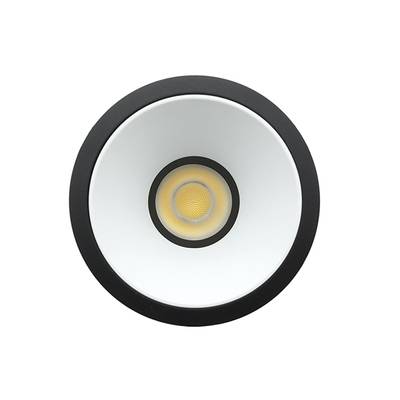 Luminaire LED rond avec bord noir, cône et ampoule blancs - idéal pour un éclairage économe en énergie dans les espaces modernes.