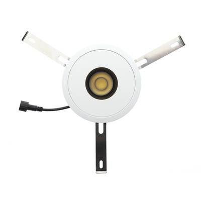 Vue de face d'un plafonnier LED rond avec des clips métalliques et un fil noir, idéal pour les solutions d'éclairage modernes.