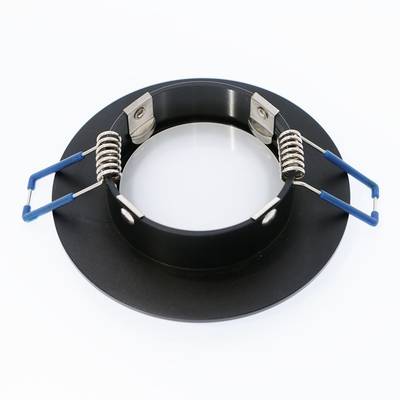 Cadre d'éclairage encastré à LED noir avec clips à ressort en métal et embouts de tige bleus, côté supérieur.