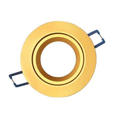 Spot encastré LED rond de couleur or avec clips de montage bleus, face supérieure avec fond blanc.