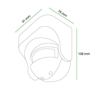 Dessin d'une caméra de surveillance, dimensions 91x76x108 mm, marqué en vert, idéal pour l'optimisation SEO d'un magasin d'éclairage LED.