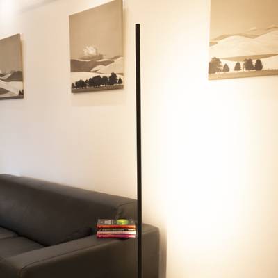 Salon moderne avec canapé gris, lampadaire noir, livres sur les accoudoirs ; paysage noir et blanc sur le mur - ambiance lumineuse LED.