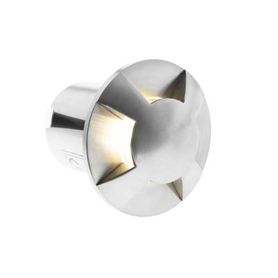 Spot encastré à LED en métal de couleur argentée avec un couvercle en forme de croix ronde qui émet une lumière chaude. Parfait pour des solutions d'éclairage élégantes et économes en énergie.