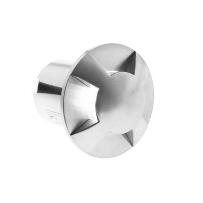 Gros plan d'un downlight LED en métal brillant avec des encoches en forme d'étoile sur une surface plane, isolée sur un fond blanc.