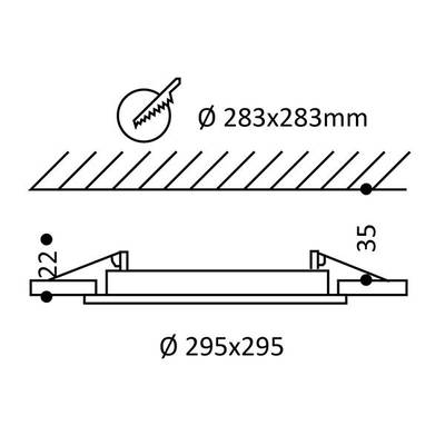 Dessin technique : lumière LED ronde dimensions de l'installation 283x283mm dimensions internes, 295x295mm dimensions externes, 22mm de hauteur, 35mm d'espacement.