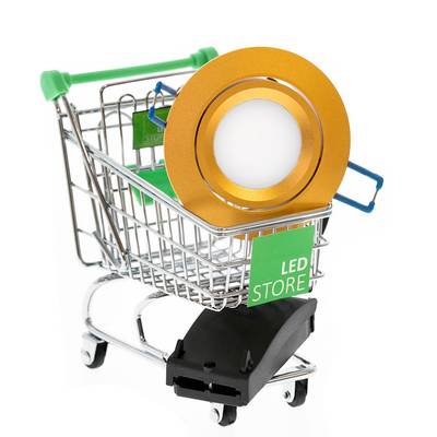 Mini-panier avec ampoule LED jaune et petite enseigne de magasin, mettant en valeur les produits d'éclairage LED, sur fond blanc.