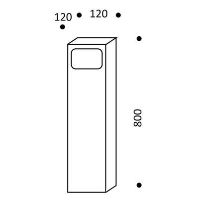 Schéma d'une haute colonne rectangulaire avec des dimensions : haut 120x120, hauteur 800, taille de démonstration pour optimiser le mouvement de l'éclairage LED.