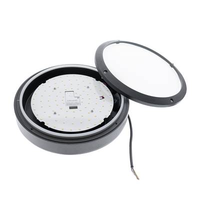 Plafonnier LED rond avec boîtier noir ouvert, câblage et circuit imprimé visibles, avec plusieurs petites ampoules LED dans un design moderne.