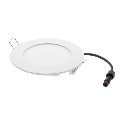 Plafonnier LED blanc, rond et fin, avec cordon d'alimentation noir et ressorts latéraux.