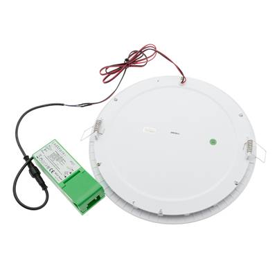 Luminaire LED rond avec alimentation électrique sur base blanche, idéal pour les solutions d'éclairage à faible consommation d'énergie.