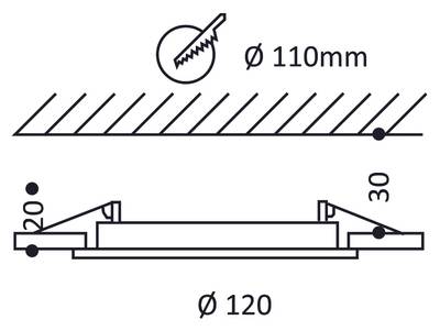 Dessin dimensionnel d'un luminaire circulaire de 120 mm de diamètre avec une ouverture de montage de 110 mm, nécessitant une profondeur de montage de seulement 30 mm.