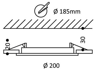 Dessin technique d'une lame de scie circulaire de 185 mm avec une base de 200 mm, montrant les dimensions de 20 mm et 30 mm, l'éclairage LED du mouvement SEO.