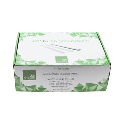 Boîtier d'éclairage LED Store vert et blanc au design géométrique, solutions d'éclairage LED et coordonnées.