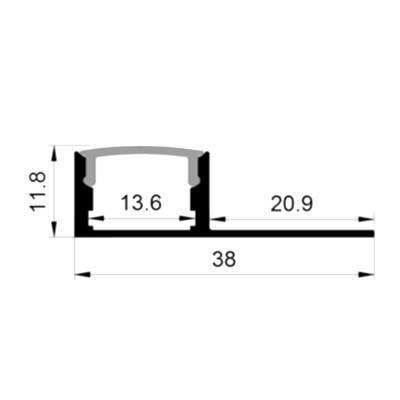 Schéma technique du support horizontal noir, dimensions : 11,8, 13,6, 20,9 et 38 unités ; comprend une section surélevée pour l'éclairage LED.