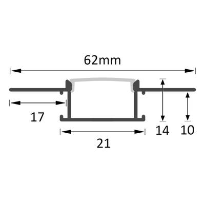 Schéma technique de la lampe LED : Largeur 62mm, Hauteur 17mm. Les pièces sont visibles à 21mm, 14mm et 10mm de hauteur pour plus de précision.