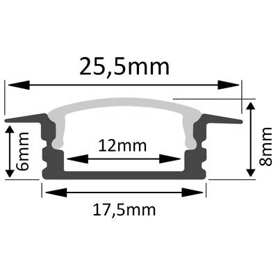 Profilé d'aluminium LED en coupe, dimensions : hauteur à gauche 6mm, à droite 8mm.
