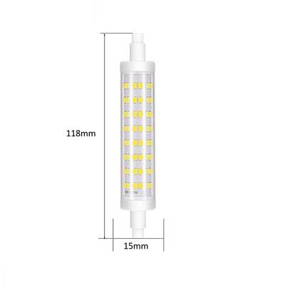 Gros plan d'une lampe LED avec un boîtier transparent, révélant des diodes jaunes ; dimensions 118mm x 15mm. Parfait pour des solutions d'éclairage efficaces et modernes.