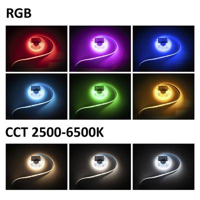 Bande LED RVB et CCT en rouge, violet, bleu, blanc, vert, jaune ; température de blanc de 2500K à 6500K pour un éclairage polyvalent.
