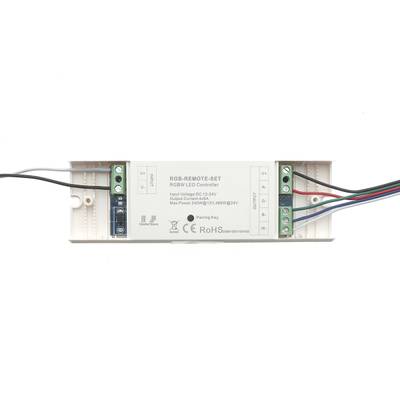 Contrôleur LED RGBW rectangulaire, connecteurs avec fils colorés, commandes d'éclairage étiquetées, informations imprimées