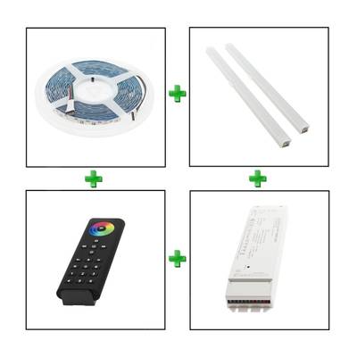 Kit de bande LED comprenant un rouleau de lampes, deux connecteurs, une télécommande et une alimentation pour des solutions d'éclairage polyvalentes.