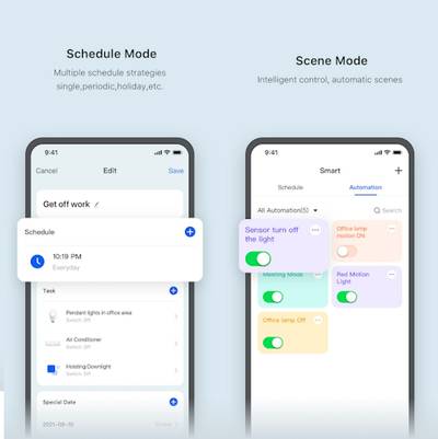 Écrans pour smartphone avec modes de programmation et de scène pour le contrôle automatisé de l'éclairage LED, présentant une gamme d'options et de réglages.