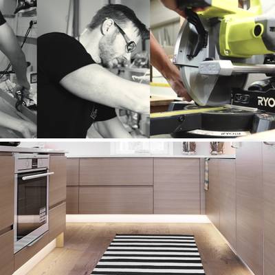 Éclairage de cuisine moderne avec des lampes LED, des plafonniers lumineux, des armoires en bois éclairées et une zone de travail.