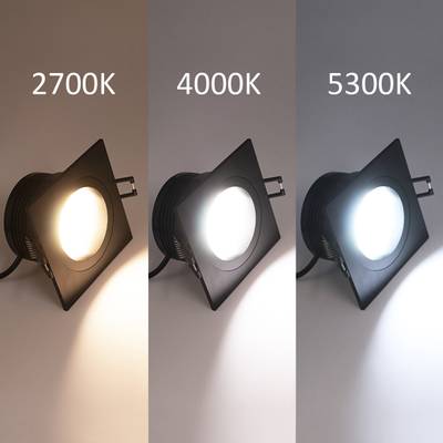 Trois lampes LED de forme carrée affichant différentes températures de couleur : 2700K (chaud), 4000K (neutre) et 5300K (froid).
