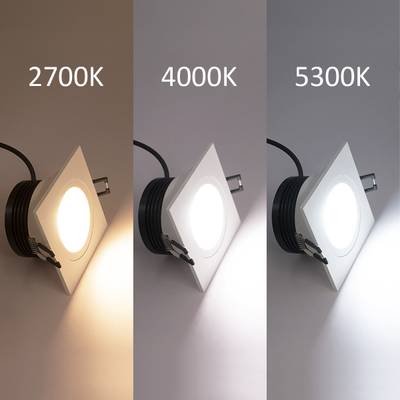 Trois lampes LED dans des luminaires carrés affichant des températures de couleur de 2700K chaud, 4000K neutre et 5300K froid offrent des options d'éclairage polyvalentes.