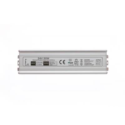 Contrôleur LED, 24V 50W, rectangulaire ; panneau avant avec étiquettes de certification et spécifications, idéal pour des solutions d'éclairage LED efficaces et fiables.