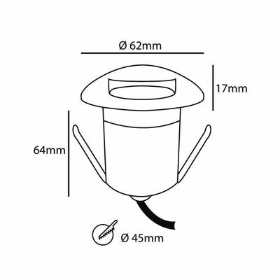 Image d'un luminaire LED encastré : diamètre 62 mm, profondeur 17 mm, hauteur 64 mm, épaisseur du câble 45 mm. Optimisez l'éclairage grâce à des dimensions précises.