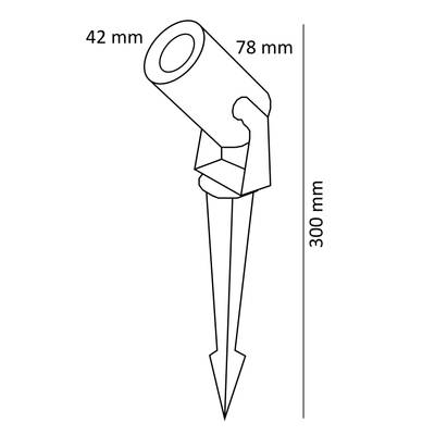 Lampe d'extérieur avec dimensions : diamètre 42 mm, longueur 78 mm, hauteur 300 mm, y compris le piquet de terre ; idéale pour les solutions d'éclairage LED dans le jardin.