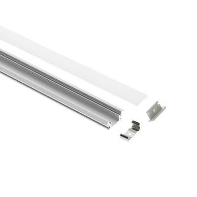 Kit de goulotte LED en aluminium avec couvercle translucide et clips de montage, découplé avec fond blanc pour des solutions d'éclairage.