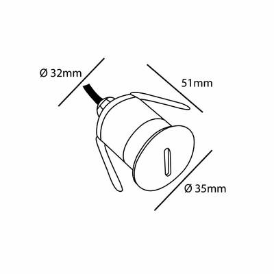 Diagramme illustrant les dimensions d'un composant d'éclairage LED cylindrique avec des brides - diamètre 32 mm et 35 mm, longueur 51 mm.
