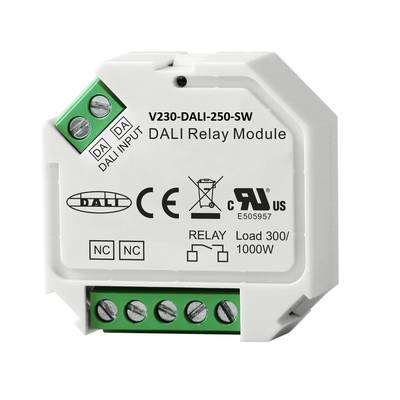 Gros plan d'un module relais DALI avec des connecteurs verts et des détails d'étiquetage dans un boîtier blanc élégant, idéal pour un contrôle efficace de l'éclairage LED.