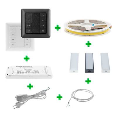 Kit d'éclairage LED avec interrupteurs noir/blanc, bande LED, protections lumineuses, alimentation, fils de connexion dans le signe plus.