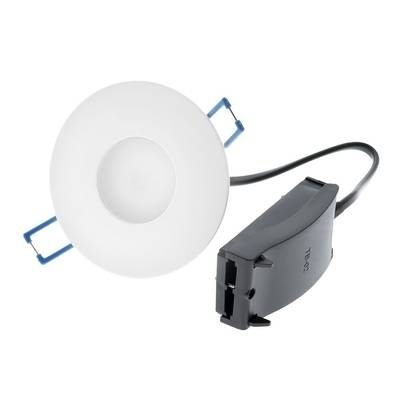 Plafonnier LED encastré rond, garniture blanche, connecteur noir, clips bleus sur fond blanc
